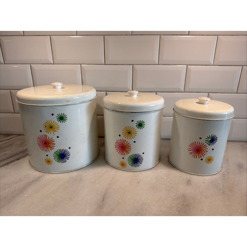 Vintage MCM Atomic Pattern Colorful Metal Canisters GW992 - Picture 1 of 14
